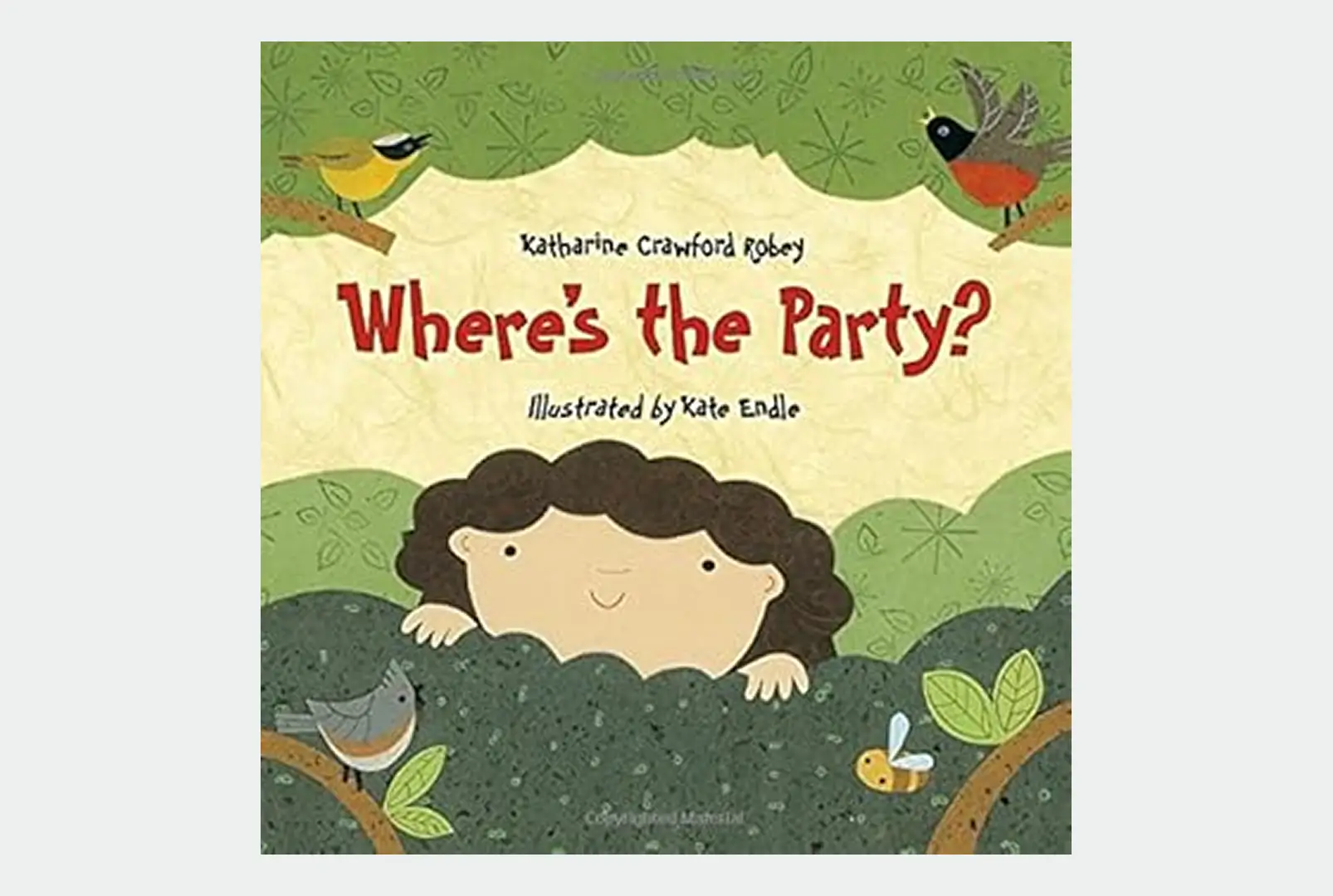 A curious child peers through bushes in a colorful nature scene on a book cover.